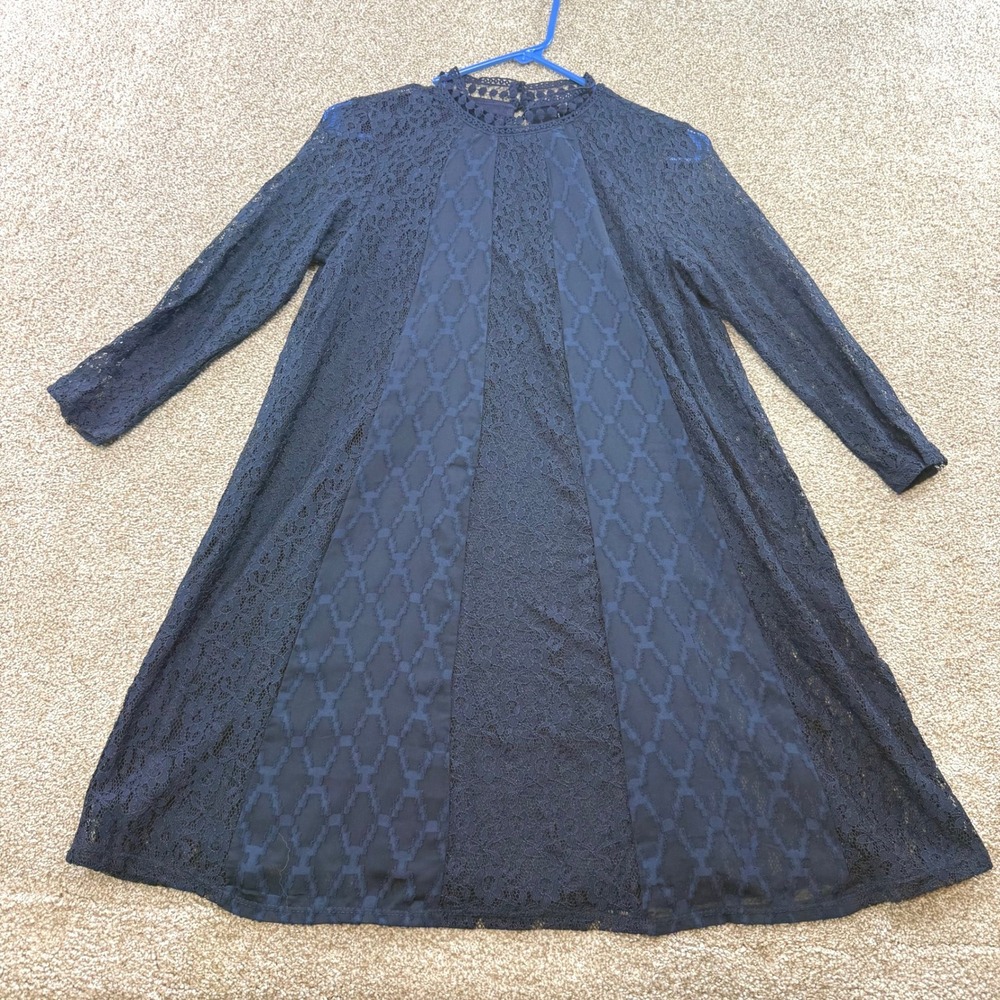 A. Byer Navy Blue Lace Mock Neck Long Sleeve A-Line Dress S Formal Victorian